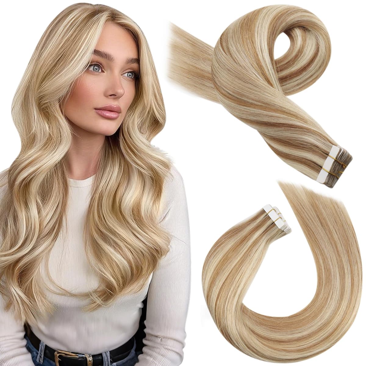 Moresoo Tape in Human Hair Extensions 20 Inch Highlight 50g/20pcs Tape in Hair Extensions Human Hair Ash Blonde with Platinum Blonde #P18/613 — view 43