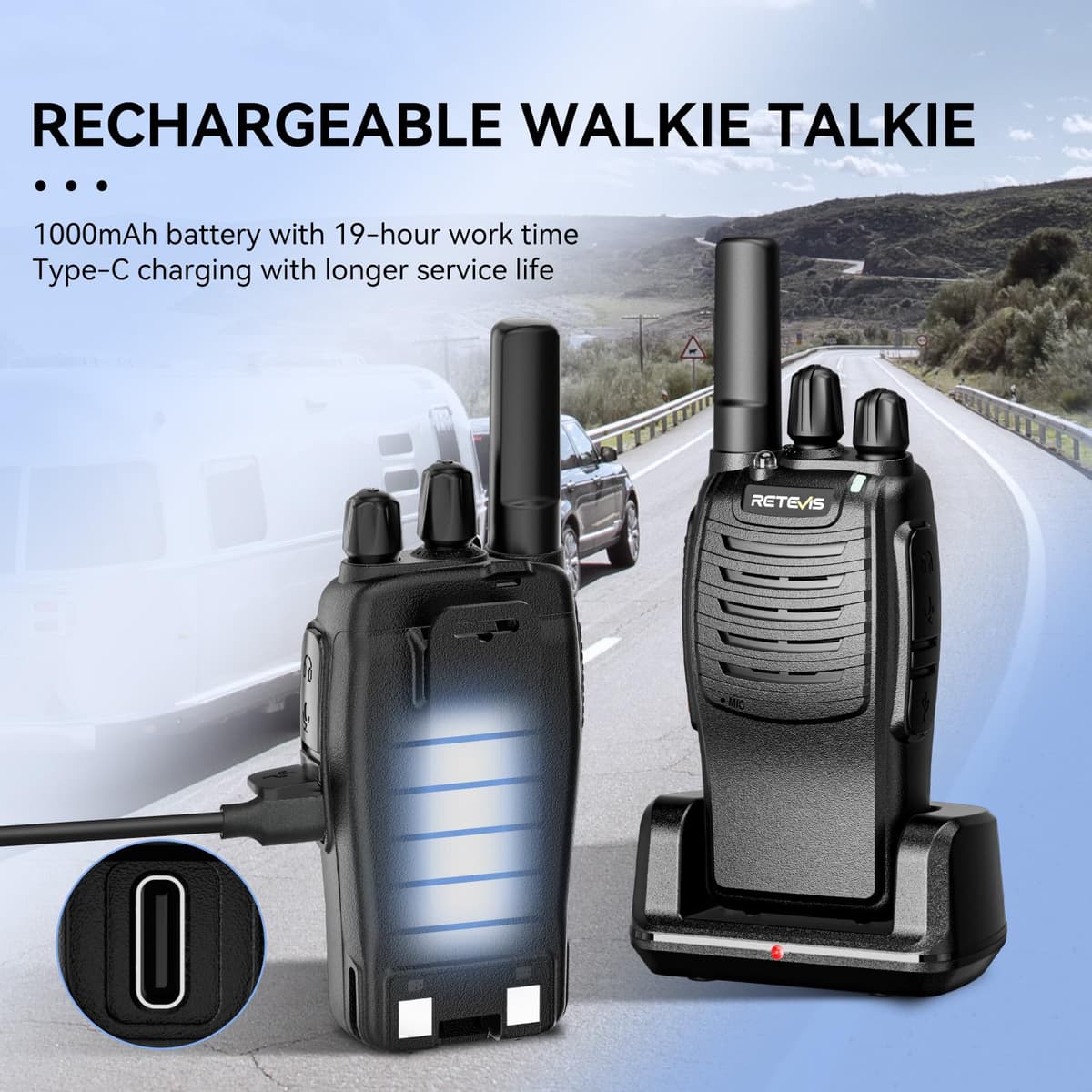 Retevis H777 Walkie Talkie, Portable PMR446 Radio Walkie Talkies for Adults, Easy of Use, USB A-Type C, VOX, Flashlight, Walkie Talkies 3 Pack for Family, Cycling, (Black, 3Pcs) — view 2