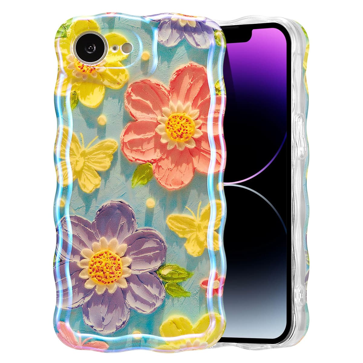 EYZUTAK Case for iPhone 16, Colorful Retro Oil Painting Printed Flower Laser Glossy Pattern Cute Curly Wave Edge Exquisite Phone Cover Stylish Durable TPU Protective Case for Girl Women-Green — view 106