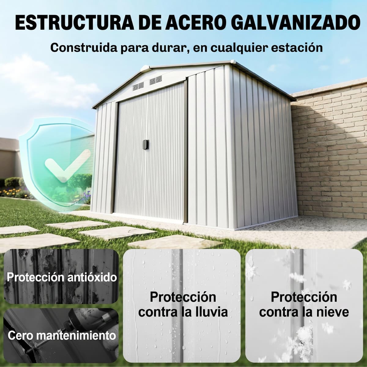 Outsunny Caseta de Jardín Exterior, 2,5 m² 213x130x185 cm, Cobertizo de Jardín Exterior Metálico con 2 Puertas Correderas, Base Refuerzo (Suelo NO Incluido) y 4 Ventanas, Blanco — view 3