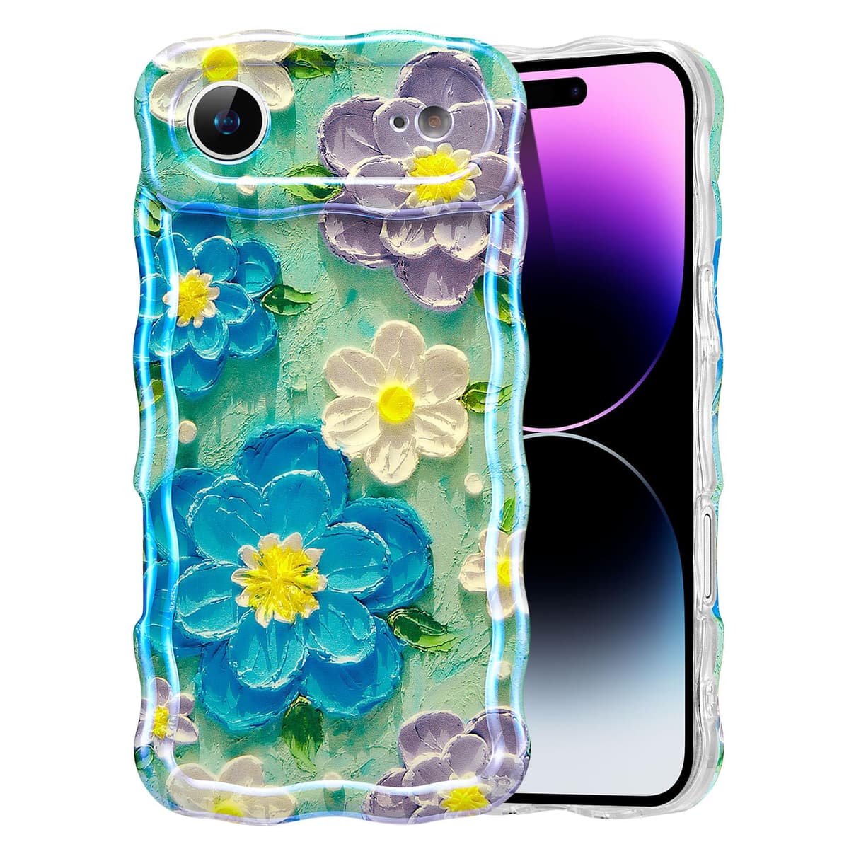 EYZUTAK Case for iPhone 16, Colorful Retro Oil Painting Printed Flower Laser Glossy Pattern Cute Curly Wave Edge Exquisite Phone Cover Stylish Durable TPU Protective Case for Girl Women-Green — view 108