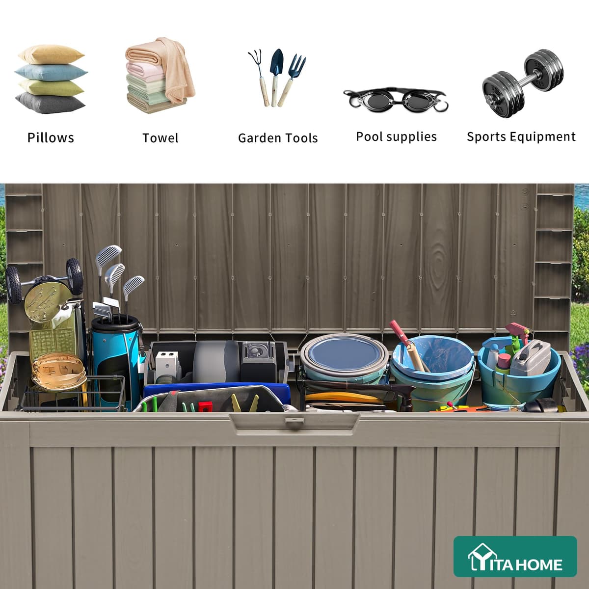 YITAHOME Outdoor Storage Box with Wheels, 270L Plastic Deck Box, Waterproof Garden Chest for Cushions, Tools & Pool Supplies, Lockable, Faux Woodgrain, 114.7 x 46.5 x 57.6 cm, Light brown — view 6