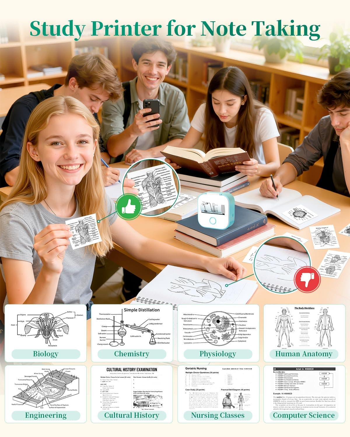 Memoking Sticker Printer - T02 Mini Thermal Printer for Kids, Smart AI APP, Portable Bluetooth Sticker Label Maker Machine, Pocket Phone Printer for iPhone, for Study, Anatomical Diagram, DIY, Photos — view 2