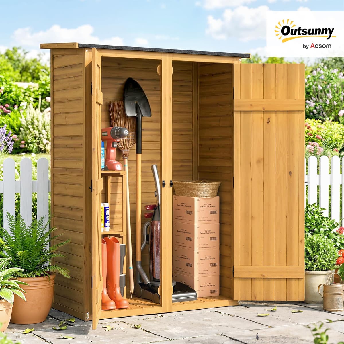 Outsunny Caseta de Jardín de Madera 115x53x156 cm, Cobertizo Jardín Exterior, Armario Exterior para Herramientas con Puertas Dobles con Pestillo, 2 Estantes y Techo Inclinado, Resistente, Marrón — view 2