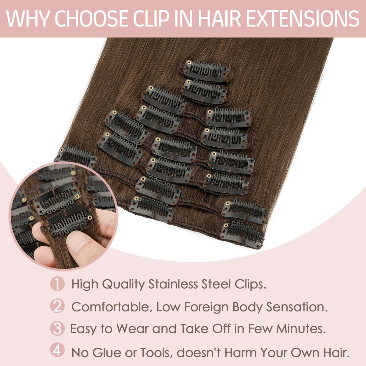 Silk-co 10inch Hair Extensions Clip in Hair Extension Human Hair #04 Medium Brown -Basic Thickness-Thin Weft- 8 Pieces Real Remy Straight Hair Extensions[50g] — view 20