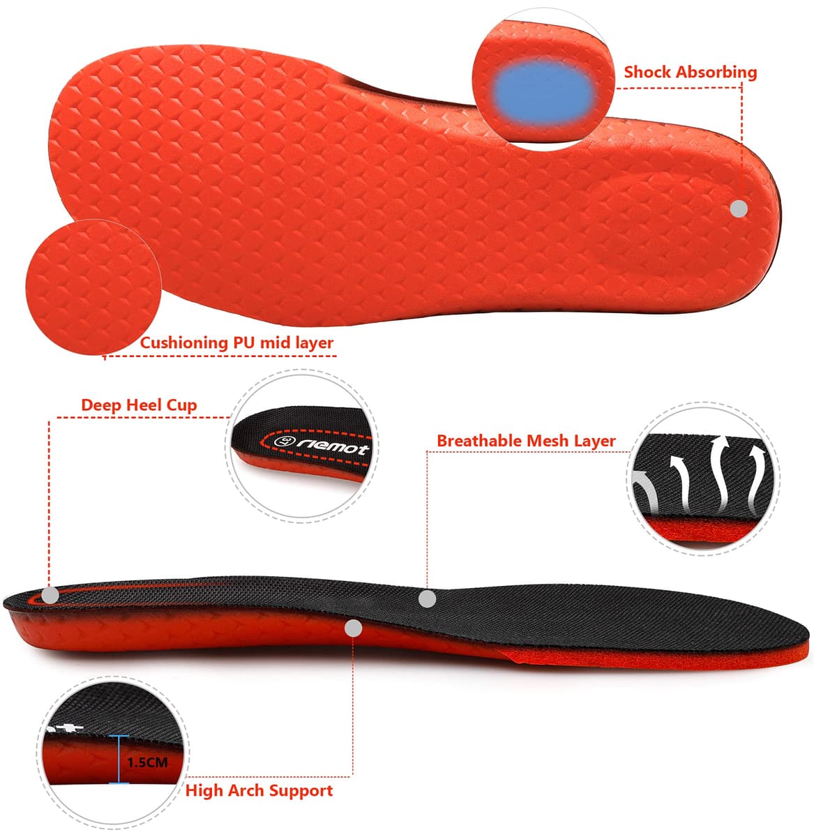 riemot Memory Foam Insoles for Men and Women - Replacement Shoe Inserts Comfort Cushioning for Sports Shoes, Trainers, Sneakers, Work Boots and Walking Shoes — view 3