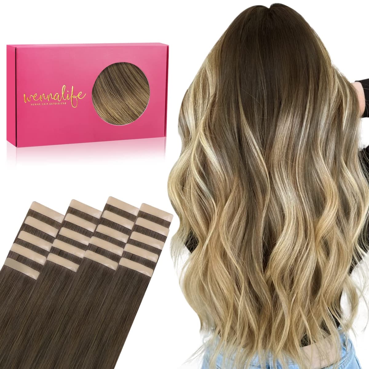 WENNALIFE Extensiones Adhesivas Pelo Natural, 50cm, 50g, 20 Piezas, Ombré Walnuss Braun bis Ash Braun und Bleach Blonde, Extensiones Pelo Remy Cabello Humano