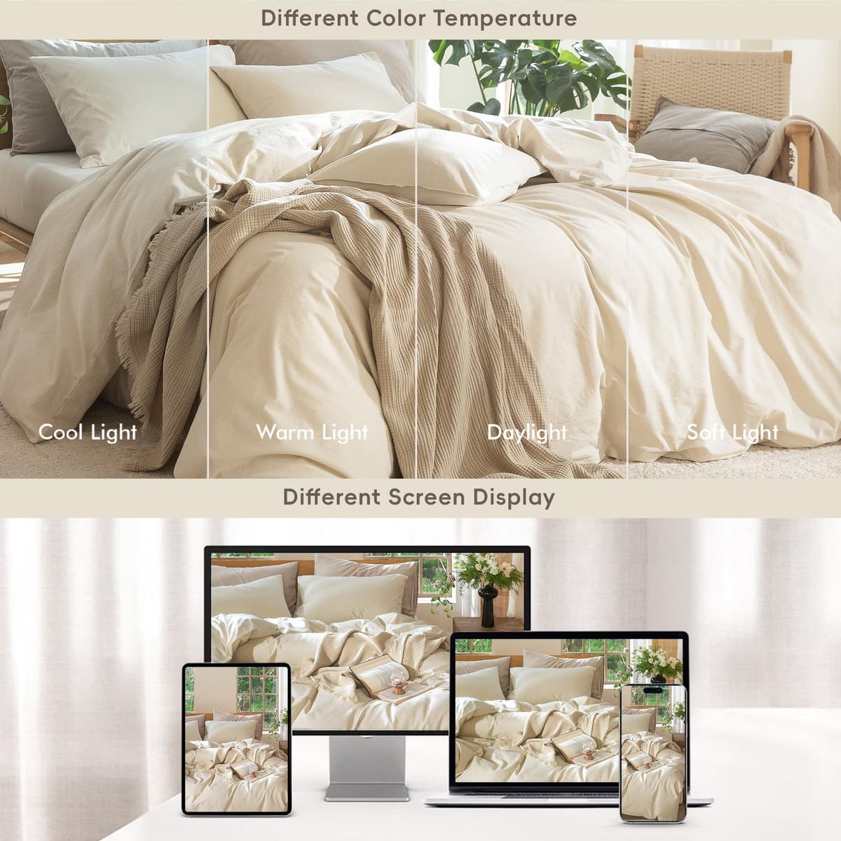 MooMee Bedding Duvet Cover Set 100% Washed Cotton Linen Like Textured Breathable Durable Soft Comfy (Tannish Linen Grey, King) — view 257