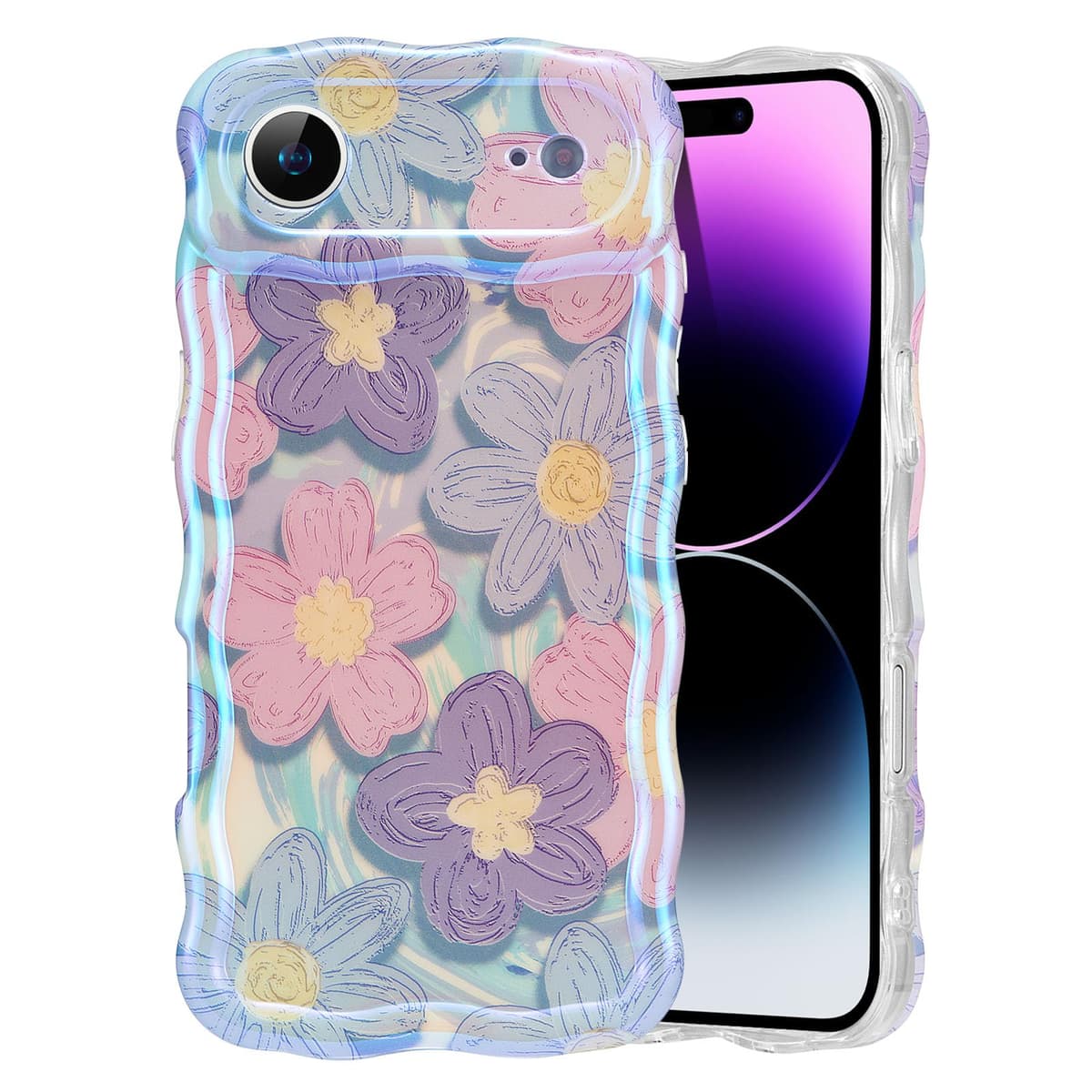 EYZUTAK Case for iPhone 16, Colorful Retro Oil Painting Printed Flower Laser Glossy Pattern Cute Curly Wave Edge Exquisite Phone Cover Stylish Durable TPU Protective Case for Girl Women-Green — view 50