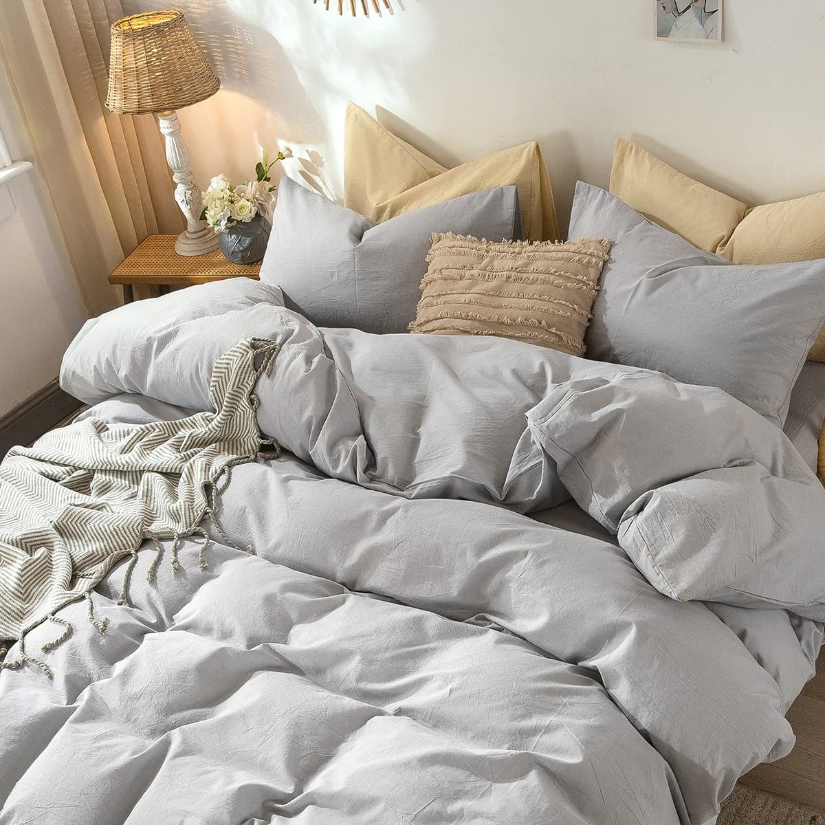MooMee Bedding Duvet Cover Set 100% Washed Cotton Linen Like Textured Breathable Durable Soft Comfy (Tannish Linen Grey, King) — view 243