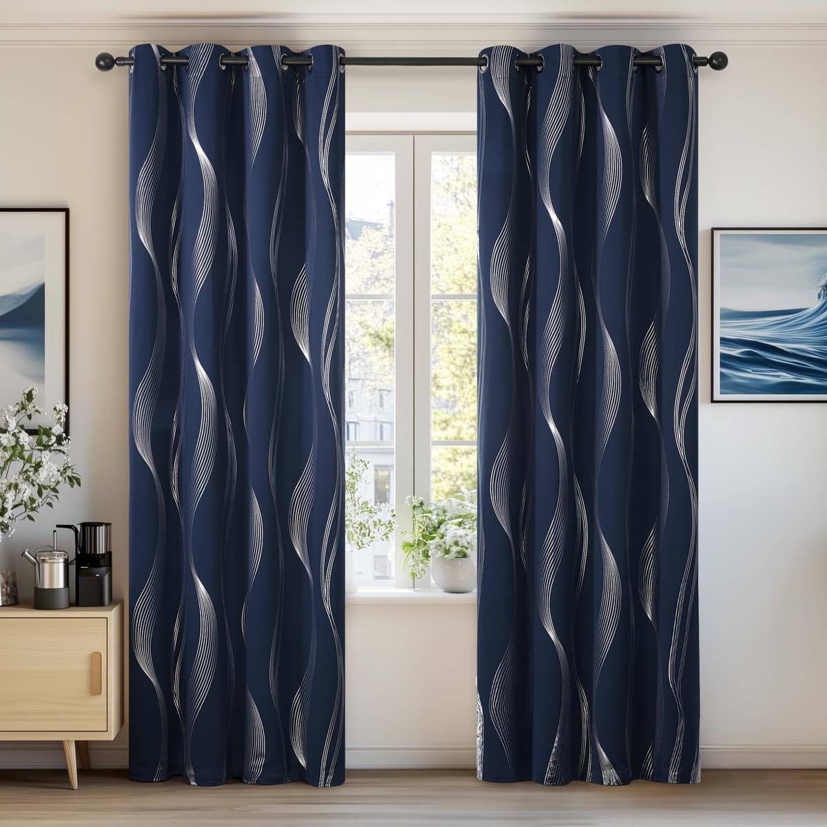 Deconovo Grey Blackout Curtains for Living Room 72 Drop Silver Wave Line Foil Printed Blackout Curtains Thermal Insulated Curtains Eyelet Curtains for Baby Nursery 46 x 72 Inch Light Grey Two Panels — view 25