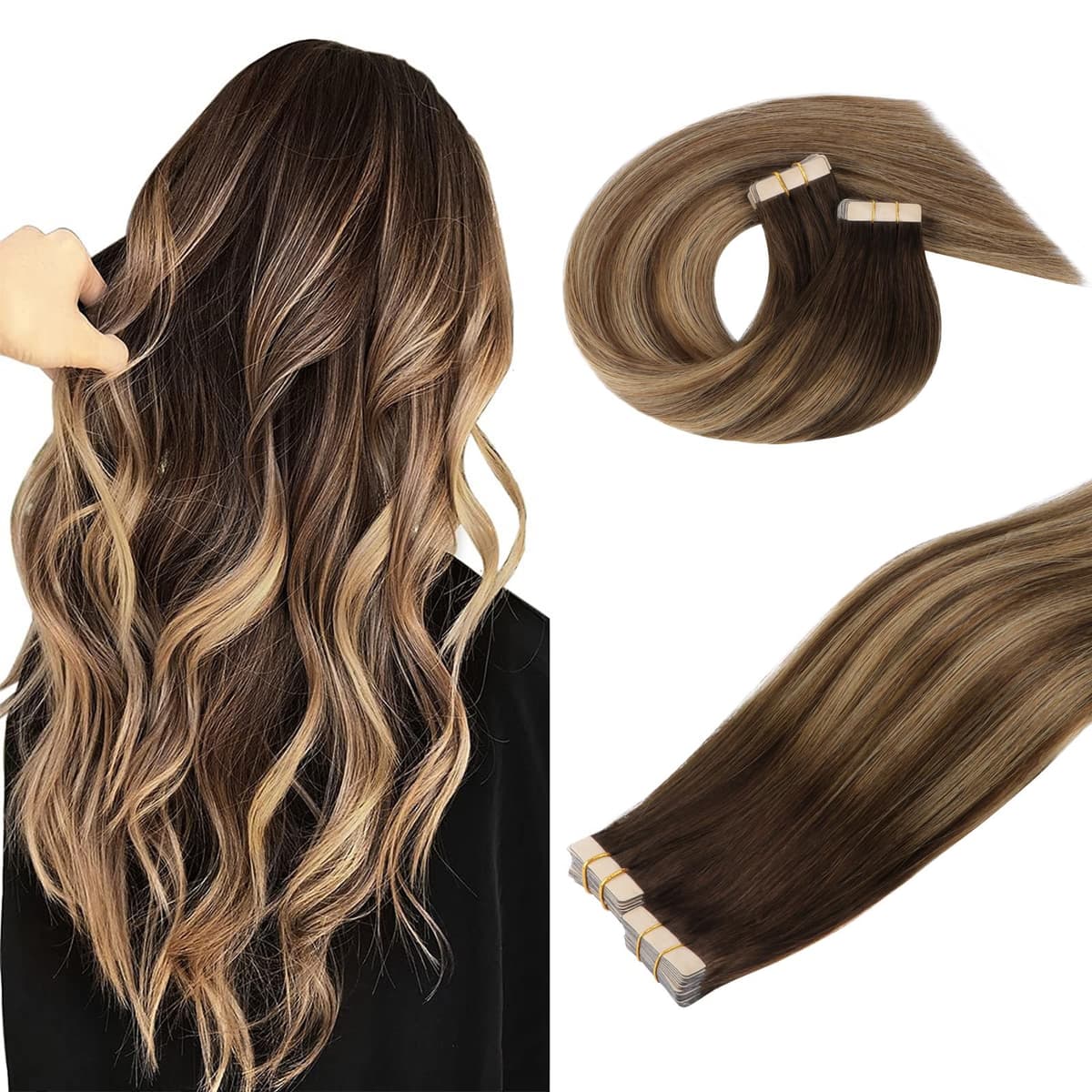 DOORES Tape in Hair Extensions Human Hair, Balayage Dark Brown to Chestnut Brown 50g 20pcs 18 Inch, Human Hair Extensions Natural Remy Straight Skin Weft — view 64