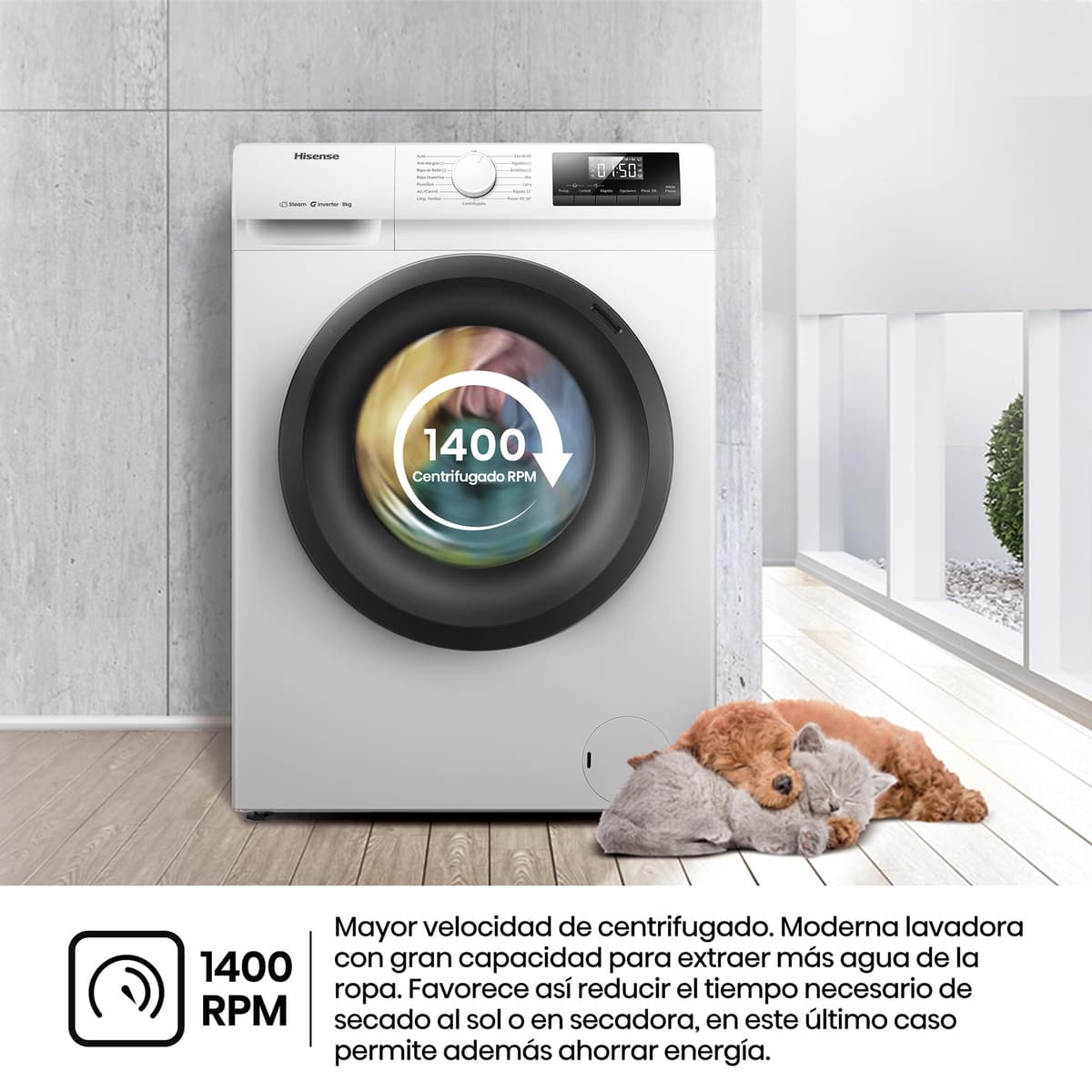 Hisense WF1Q8041BW2 - Lavadora, Clase A, 8 Kg, 1400 rpm, Alto 85 cm x Ancho 60 cm, Color Blanco, Función Vapor 99,9%, Lavado Rápido+, Lavado Automático, Finalización Diferida, Tecnología Inverter — view 10
