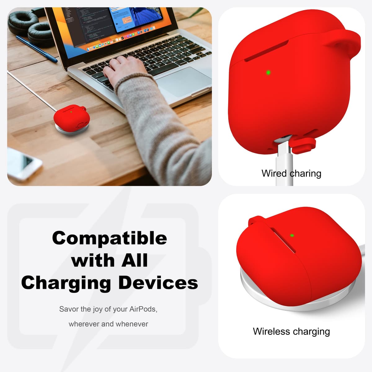 R-fun Funda para AirPods 4 con Kit de Limpieza, Case de Silicona Suave con Llavero, Funda Protectora Completa para Hombres y Mujeres, Compatible con Apple Latest Airpods 4th, Rojo — view 3
