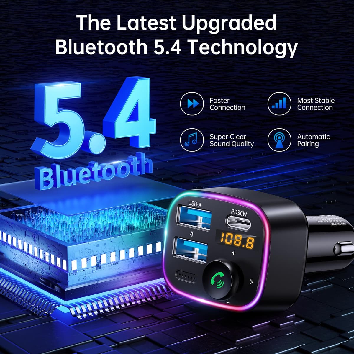 Syncwire Bluetooth 5.4 FM Transmitter Car Adapter 48W (PD 36W & 12W) [Light Switch] [HiFi Bass Sound] [Fast Charging] Wireless Radio Music Adapter LED Display Hands-Free Calling Support USB Drive — view 2
