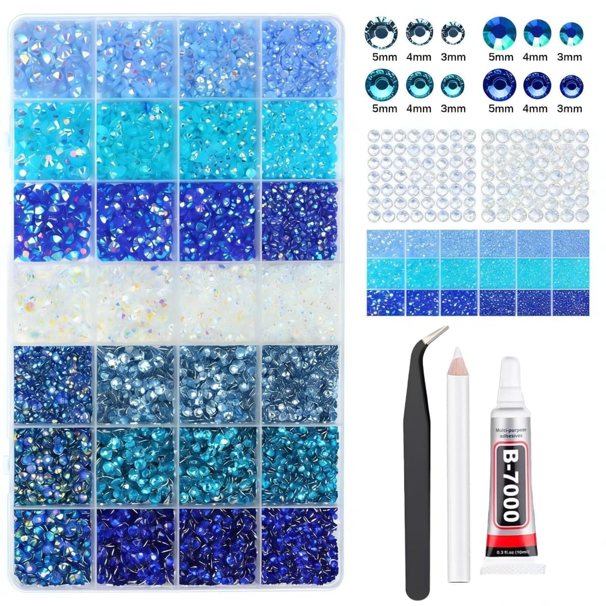 11760Pcs Blue Craft Rhinestones with B7000 Jewelry Glue, Multi-Size 3/4/5/6mm Resin Gems, Bedazzling Kit for DIY, Shoes, Cups, Fabric & Nail Art
