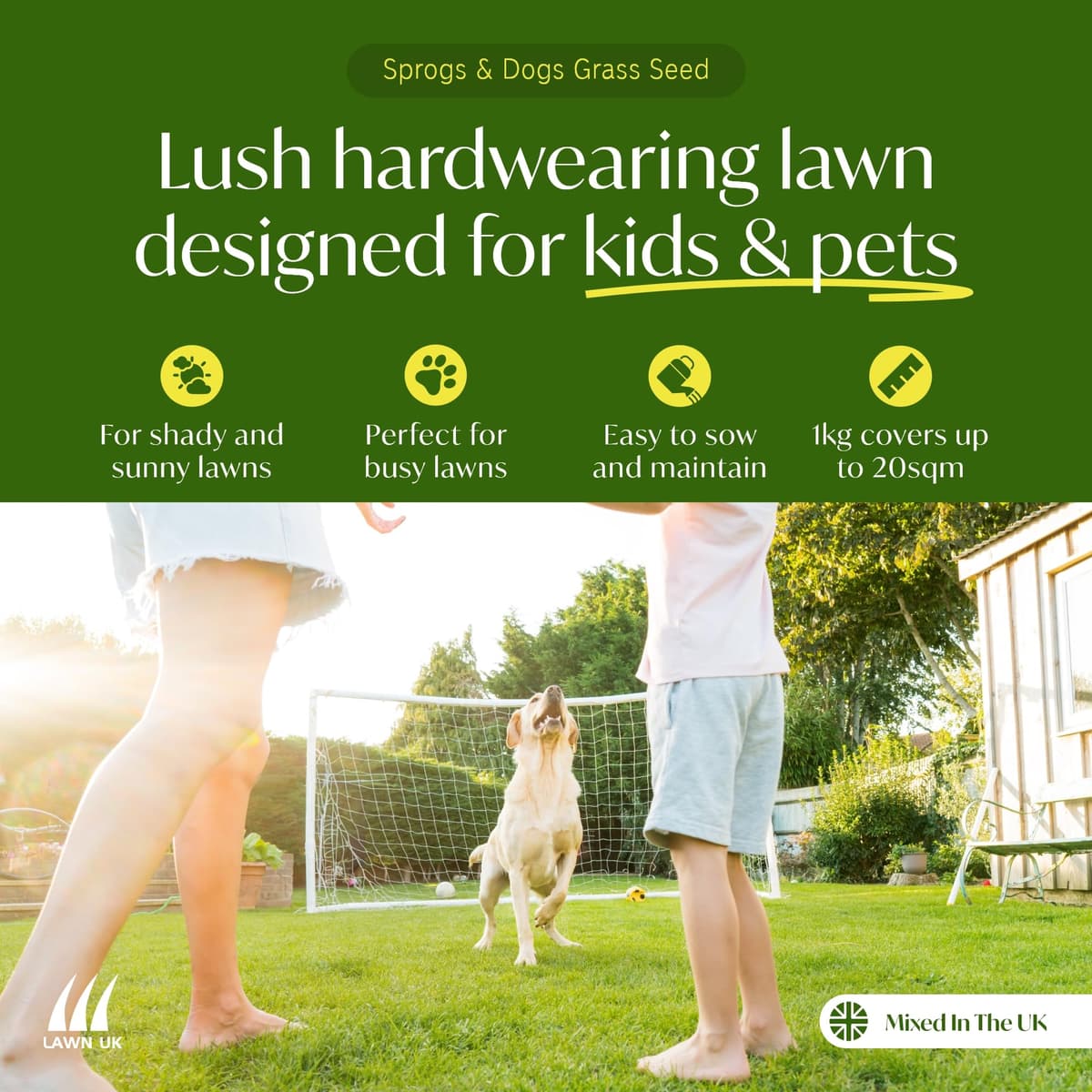 Lawn UK Hardwearing Grass Seed - Sprogs & Dogs Grass Seeds Fast Growing - 1kg up to 30sqm Coverage - Ideal for Family Lawns - Super Durable Perfect for Children & Pets — view 2