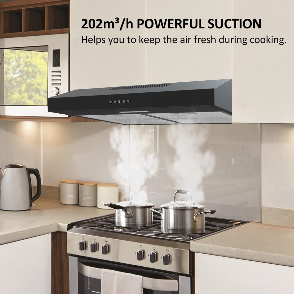 FIREGAS 60cm Visor Cooker Hood LED Extractor Hood Under Cabinet Hood Wall Mounted Extractor Fan Kitchen 600 mm Top Vented Range Hood,Black — view 2