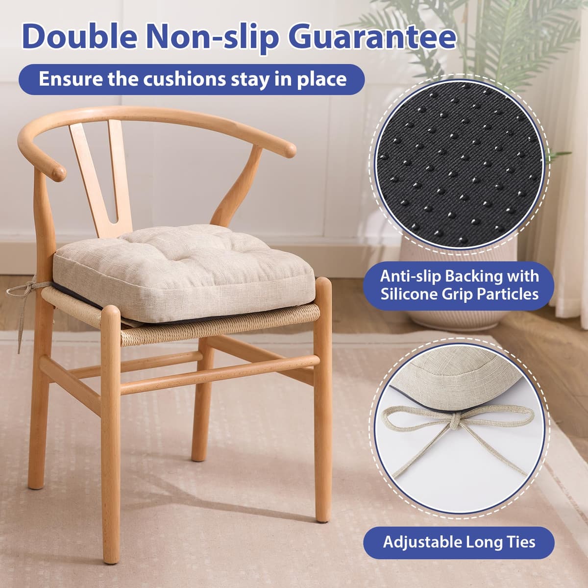 Chair Cushions, Memory Foam Dining Chair Cushions, Tufted Indoor Chair Pads, Set of 4, 16.5' x 16.5' x 3.5', Beige — view 3