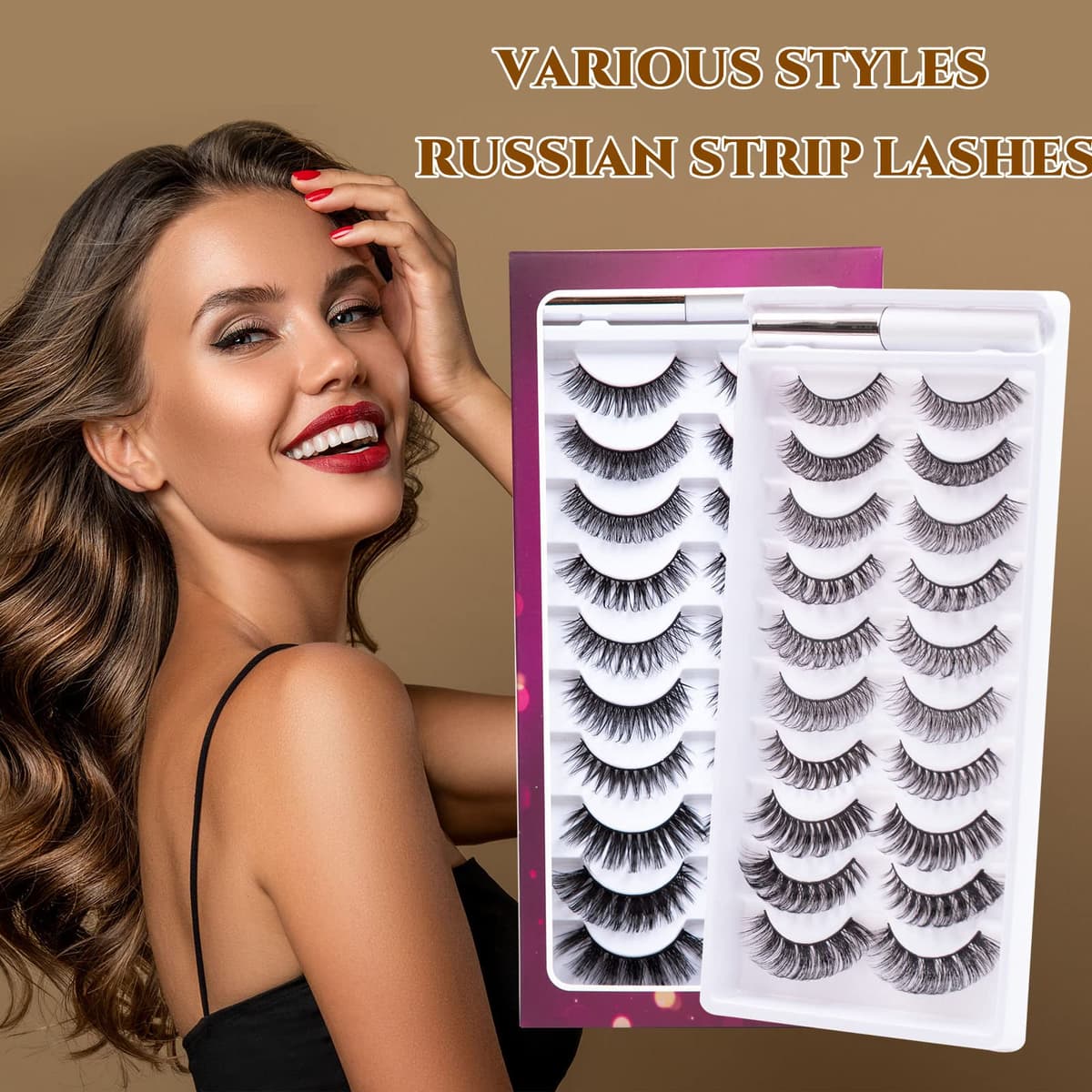 False Eyelashes Russian Strip Lashes D Curl 3D 10 Pairs Fake Lashes Natural False Eyelashe with Eyelash Glue Clear Adhesive Long Lasting Waterproof Multipack Eyelashes — view 2