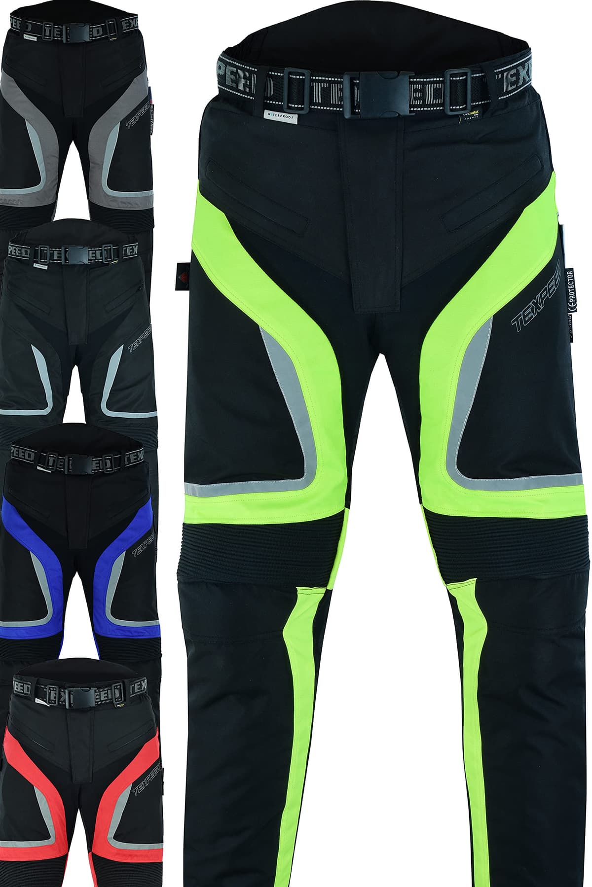 Texpeed Motorcycle Biker Trousers Mens Motorbike Waterproof Textile Cordura Pants With Protective CE Armour (EN 1621-1) Yellow Hi Vis - 42W / 30L