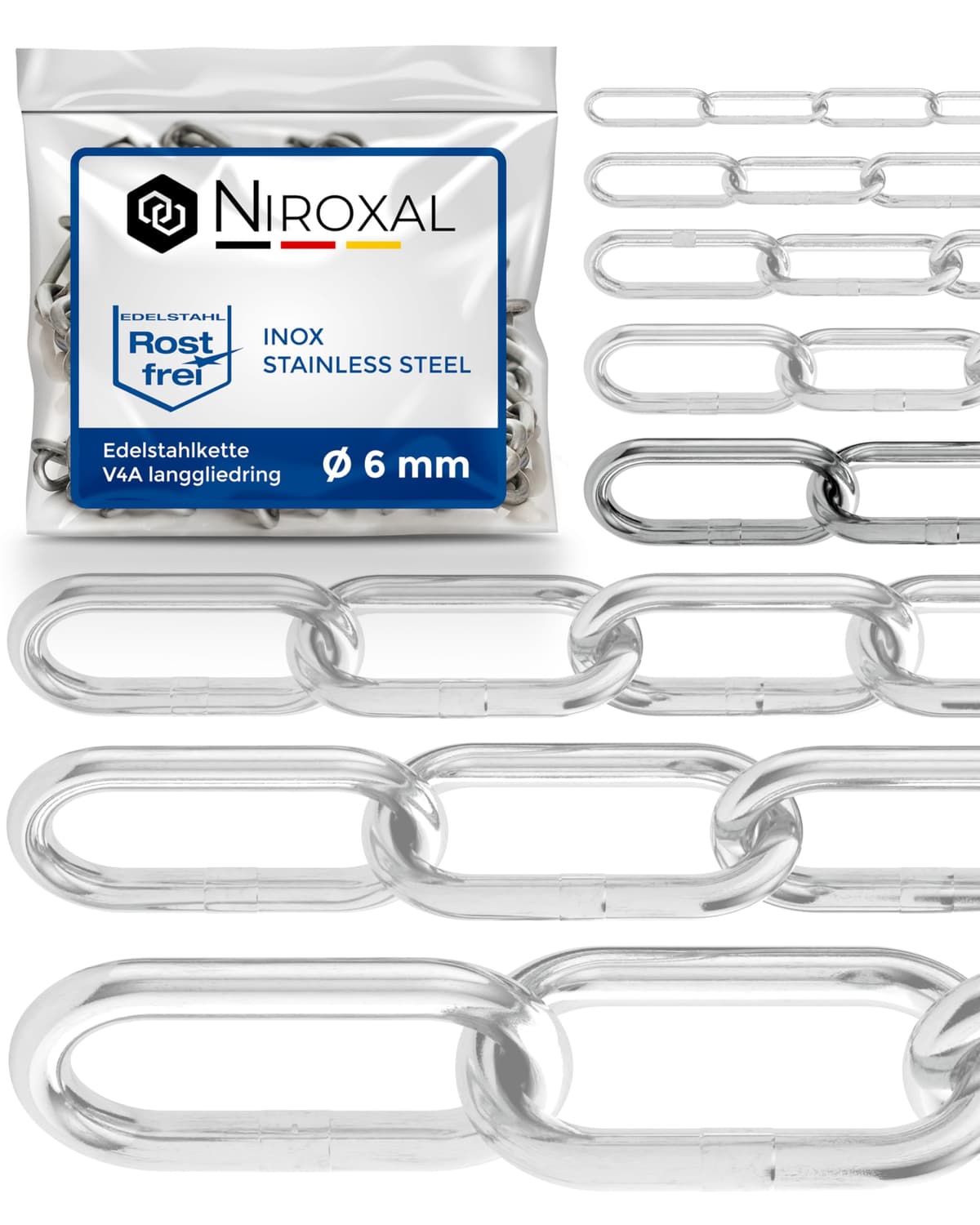 2 piezas 100-cm = 1-metros 6-mm cadena de acero inoxidable de espesor fabricado en V4A de eslabón largo de NietFullThings en cada unidad Cadena de anclaje DIN 5685 DIN 763 1-m