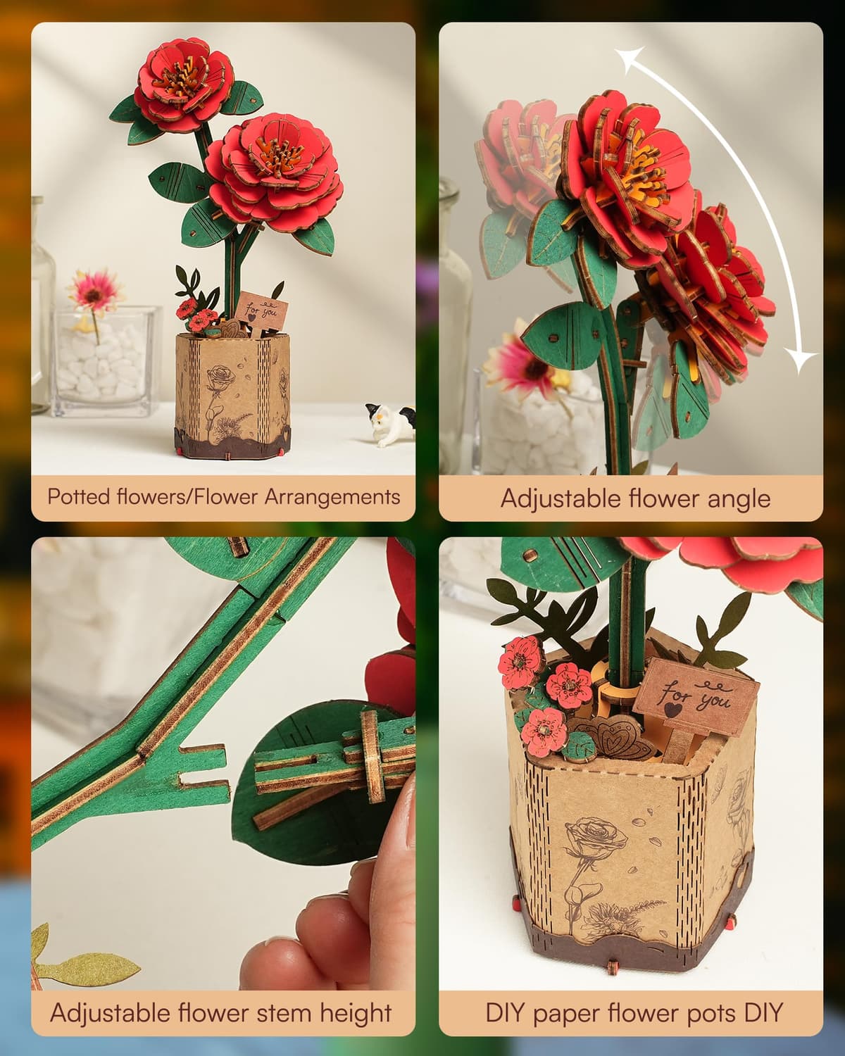 Robotime Flor Puzzles 3D Madera, Maquetas para Construir Adultos, Maqueta Madera, Regalos para Mujeres en el Día de San Valentín & Cumpleaños (Camelia roja) — view 3