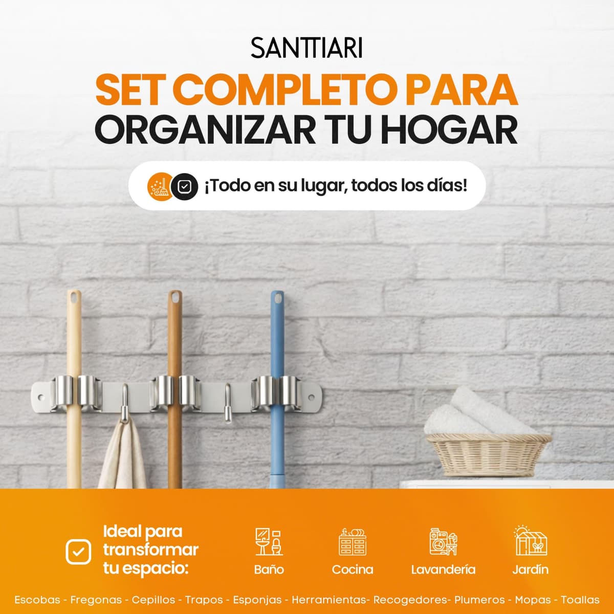 Pack Colgador Escobas y Fregonas + 1 Soporte Escobas Pared Adhesivo + 4 Ganchos | Acero Inoxidable Apto Exterior | Instalación con o sin Taladro (Incluye Adhesivo y Tornillería) | Hasta 15kg — view 3