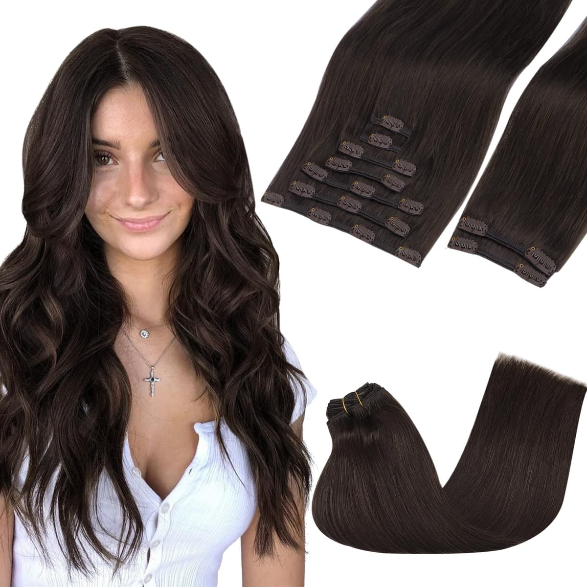 GOO GOO Clip in Hair Extensions Human Hair, 18inch 150g 9Pcs, #2 Dark Brown, Hair extensions for women, Human Hair Extensions Clip in — view 9