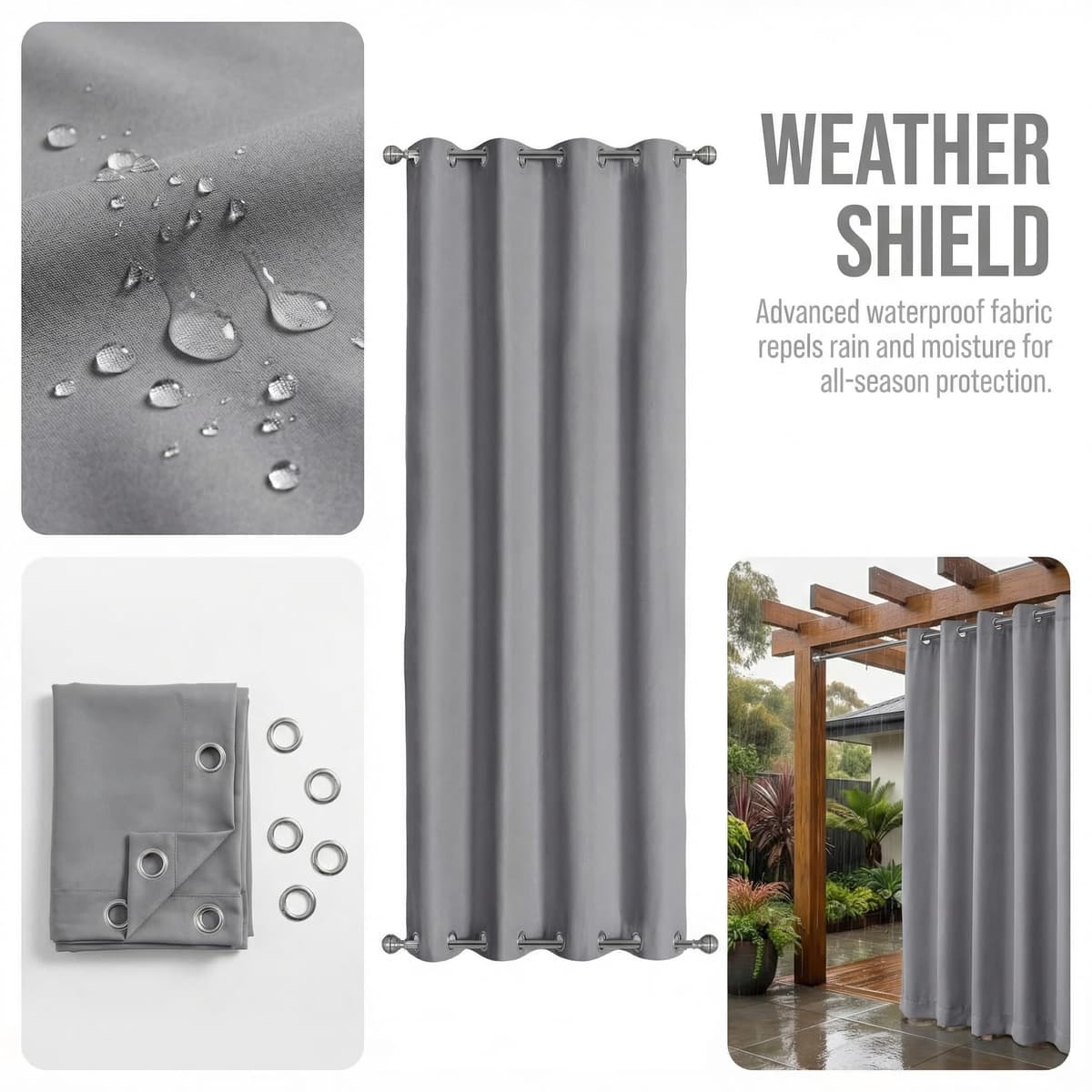 LiveGo Outdoor Curtains Waterproof with Grommet (Top and Bottom), 2 Panels Privacy & UV Protection Windproof Curtain for Porch, Pergola, Garden, Backyard (Light gray, 140 * 275cm) — view 4