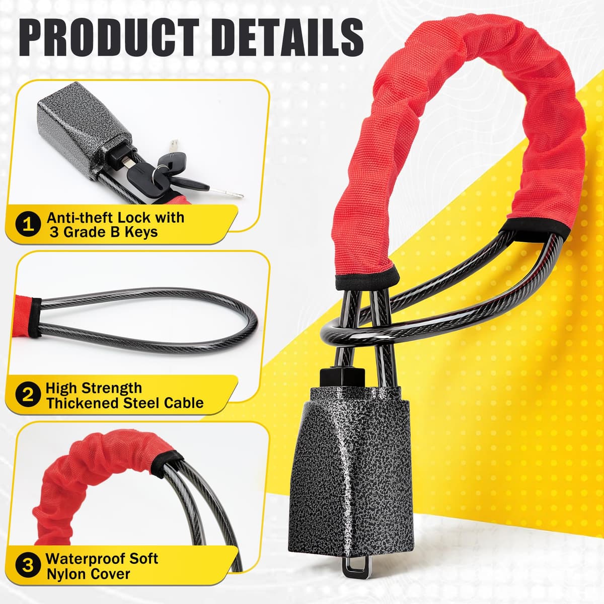 Steering Wheel Lock, Car Steering Wheel Locks, Car Seat Belt Lock with Metal Head, High Visibility Car Lock Anti-Theft Device for Car, SUV, Pickup, Van, RV, 3 Keys (Red) — view 4