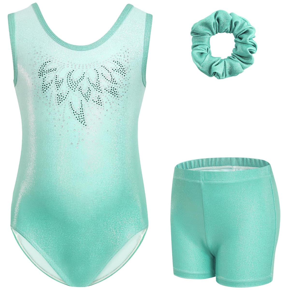 Gogokids Conjunto de gimnasia de tres piezas para niña, cuello en Y, sin mangas, con pantalones cortos y diadema, traje de gimnasia con diseño de bloques de color azul y morado, 3-12 años — view 30