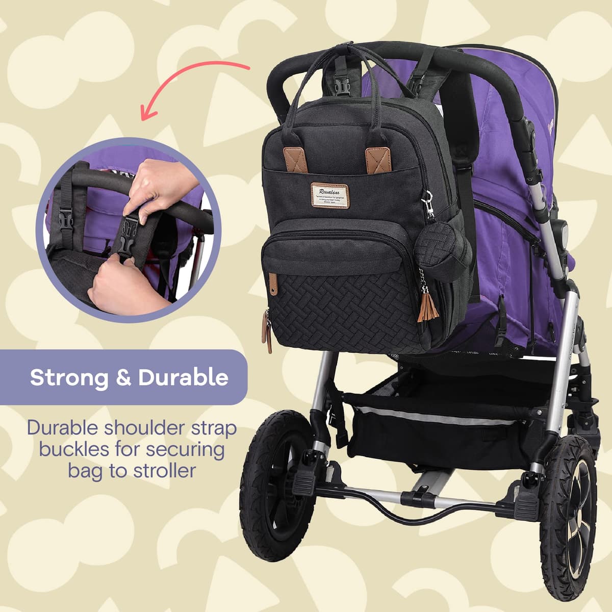 RUVALINO Baby Changing Bag Backpack, Neutral All-in-One Baby Bags for, Multifunction Large Travel Backpack with Portable Changing Pad, Stroller Straps, Pacifier Case and Insulated Pockets — view 5