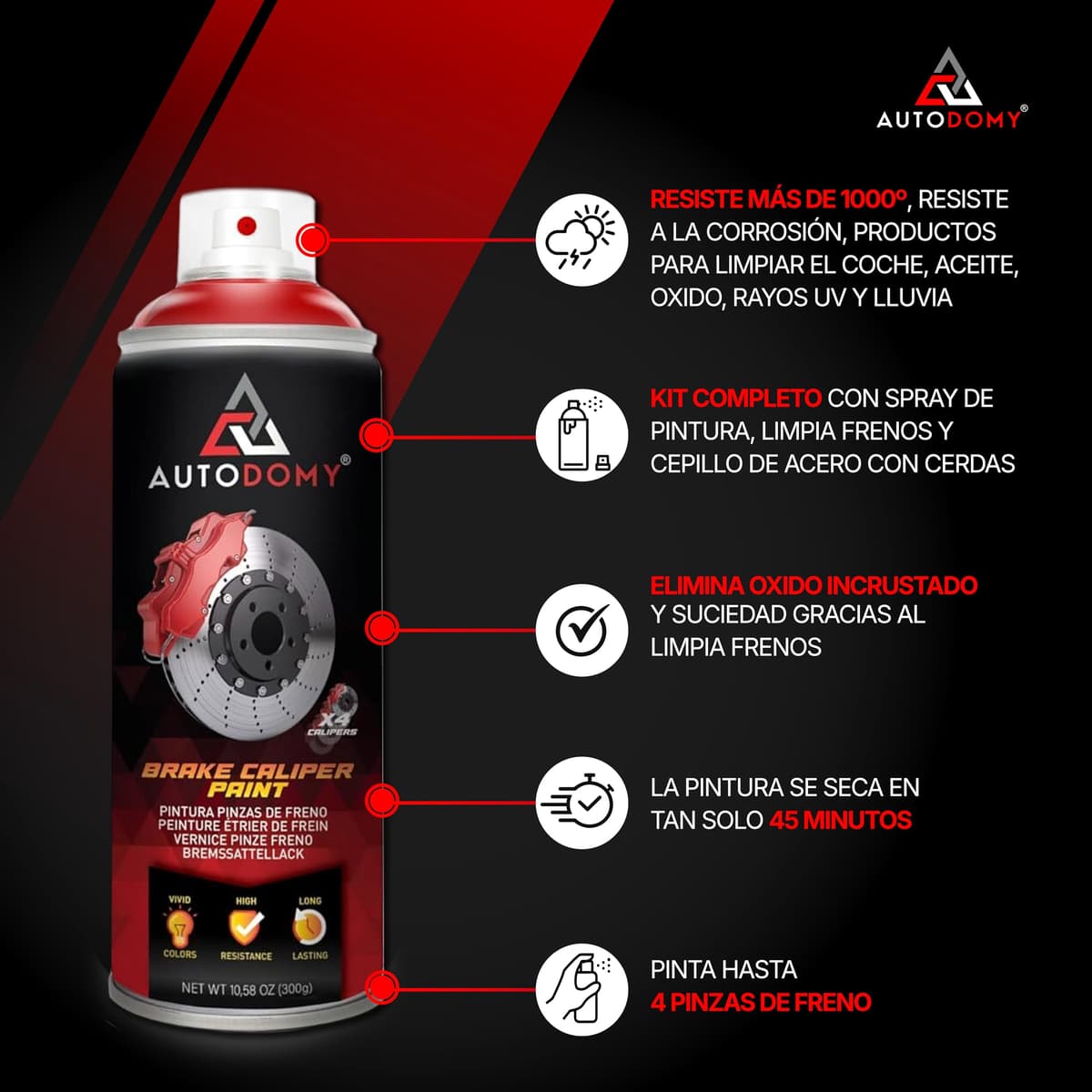 Autodomy Pintura para Pinzas de Freno Anticalorica 400ml Resistente a Altas Temperaturas | Pintura Pinzas de Freno Coche y Moto + Limpia Frenos Spray + Cepillo de Acero con Cerdas — view 2