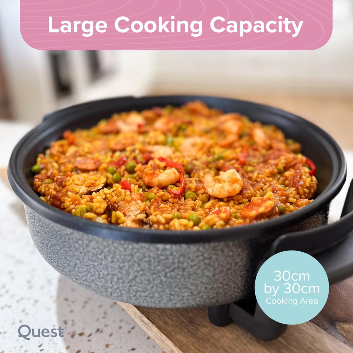 Quest 35410 30cm Multi-Function Electric Cooker Pan with Lid/Adjustable Thermostatic Control/Non-Stick Aluminium / 30 x 30cm Surface/Detachable Power Cable For Serving — view 2