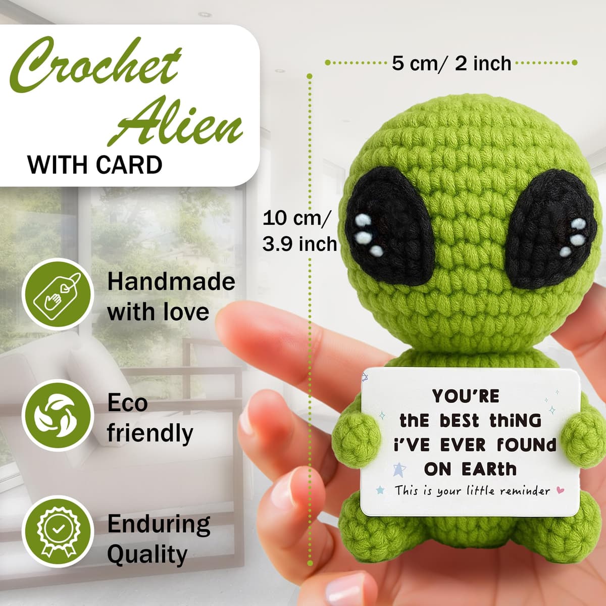 Crochet Alien Plush with Love Message – “You’re the Best Thing I’ve Ever Found on Earth” – Handmade Valentine’s Day Gift for Girlfriend, Boyfriend, Wife or Husband – Cute — view 2