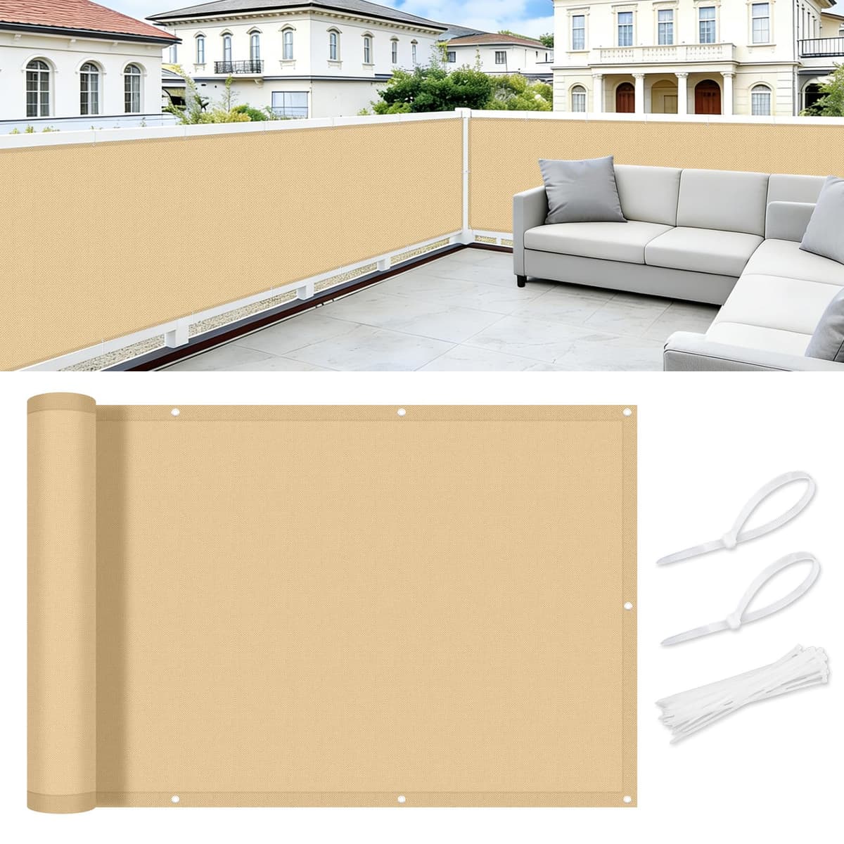 Cool Area Pantalla Privacidad para Balcón 75x300 cm Impermeable Malla de Ocultacion Protección Opaca para Jardín Exterior Terraza,Protección UV,Resistente al Viento,con Ataduras de Cables,Arena