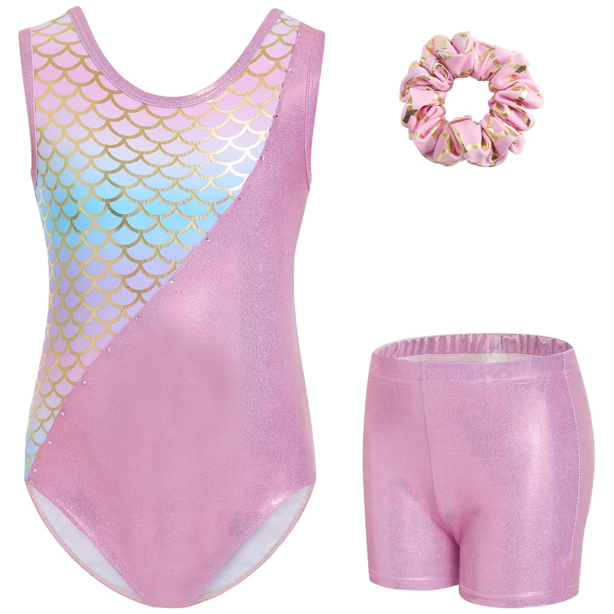 Gogokids Conjunto de gimnasia de tres piezas para niña, cuello en Y, sin mangas, con pantalones cortos y diadema, traje de gimnasia con diseño de bloques de color azul y morado, 3-12 años — view 13