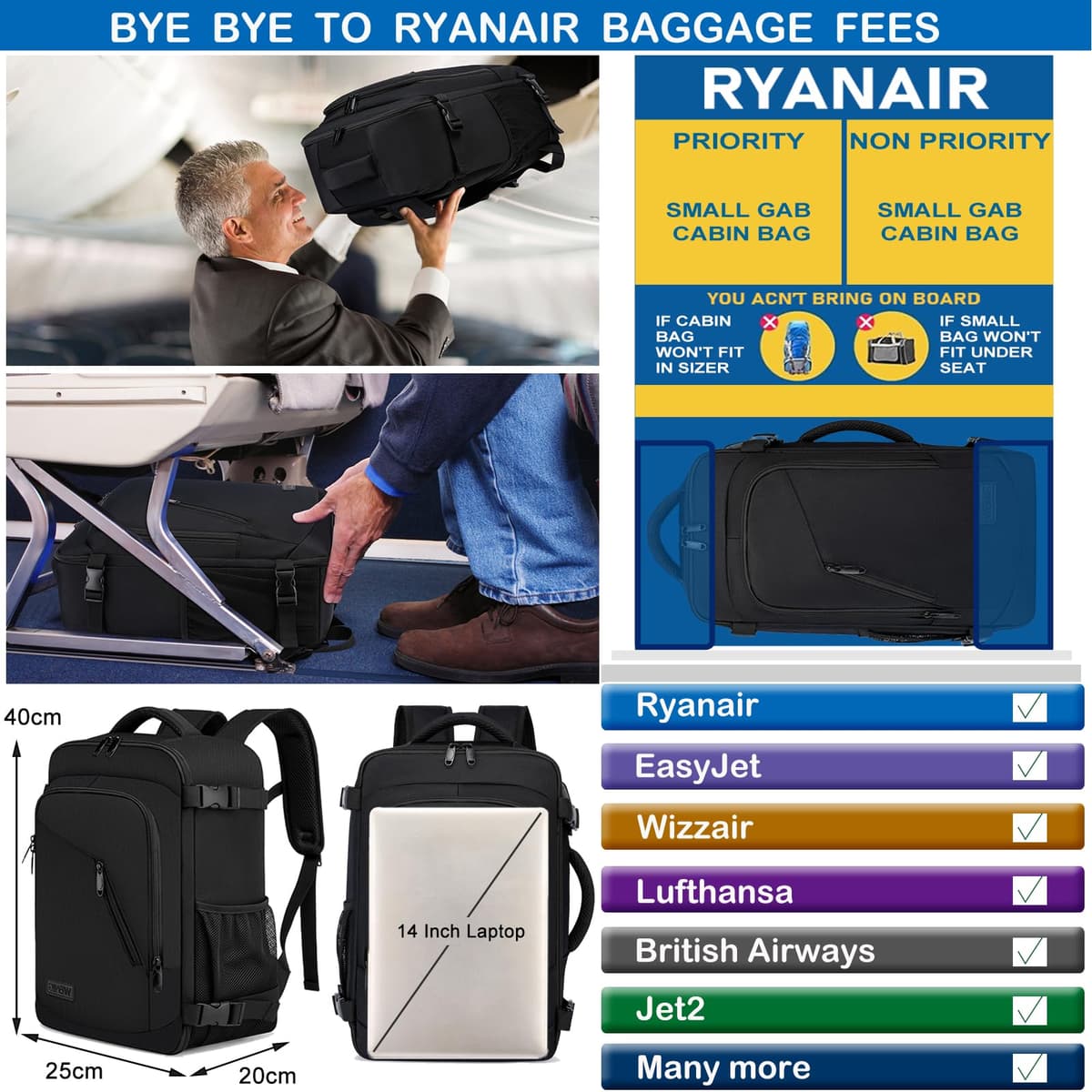 Mochila Viaje Cabina Avion 40x20x25 para Ryanair 20L Equipaje de Mano Bolsa de Viaje Hombre Mujer Maletas de Viaje Cabina Mochila Portatil 14 Pulgadas con Puerto USB para Trabajo,Escuelas Negro — view 2