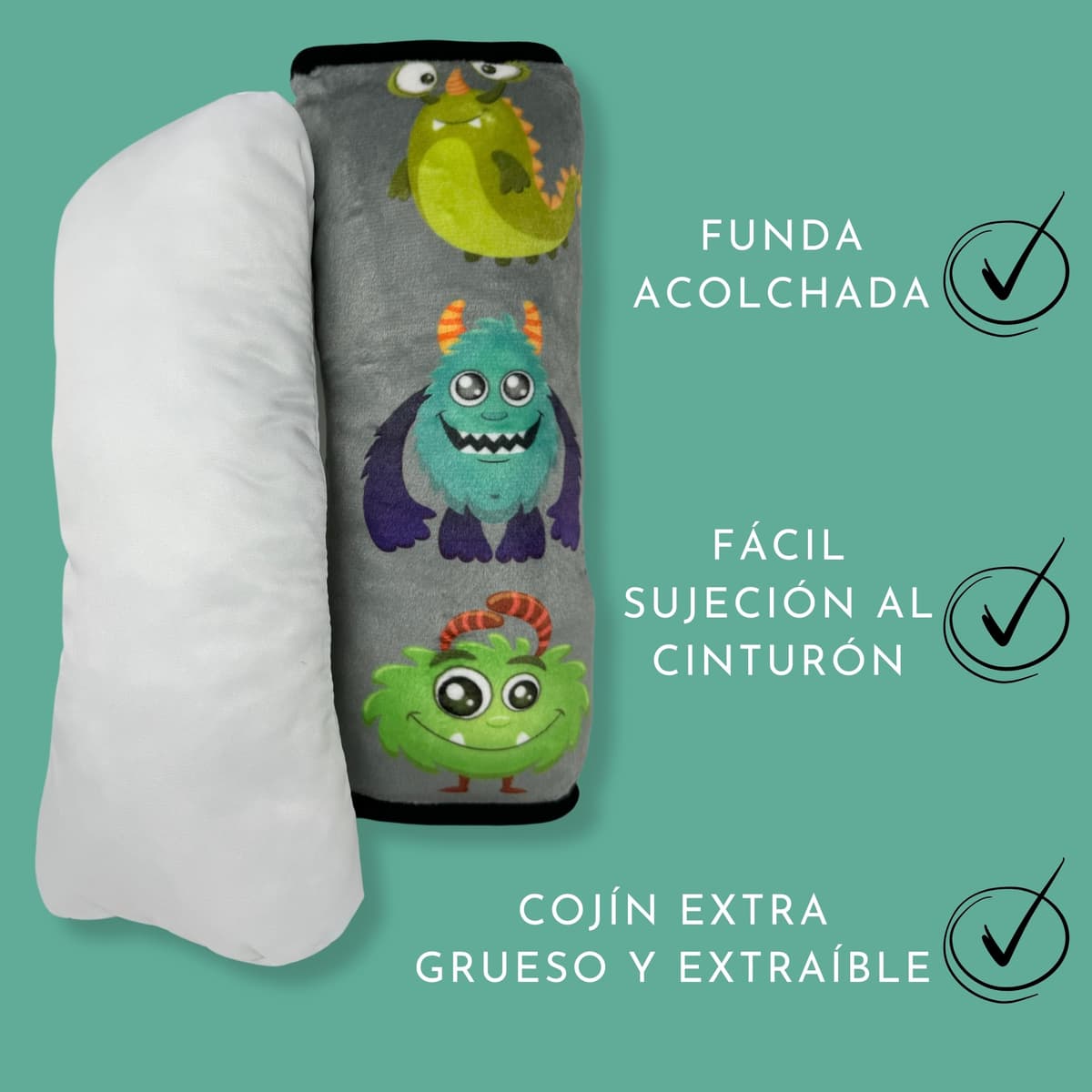 HECKBO Almohadilla para coche con dibujos de monstruos para niños - lavable a máquina suave, tacto de peluche, almohadilla cinturón de seguridad — view 4