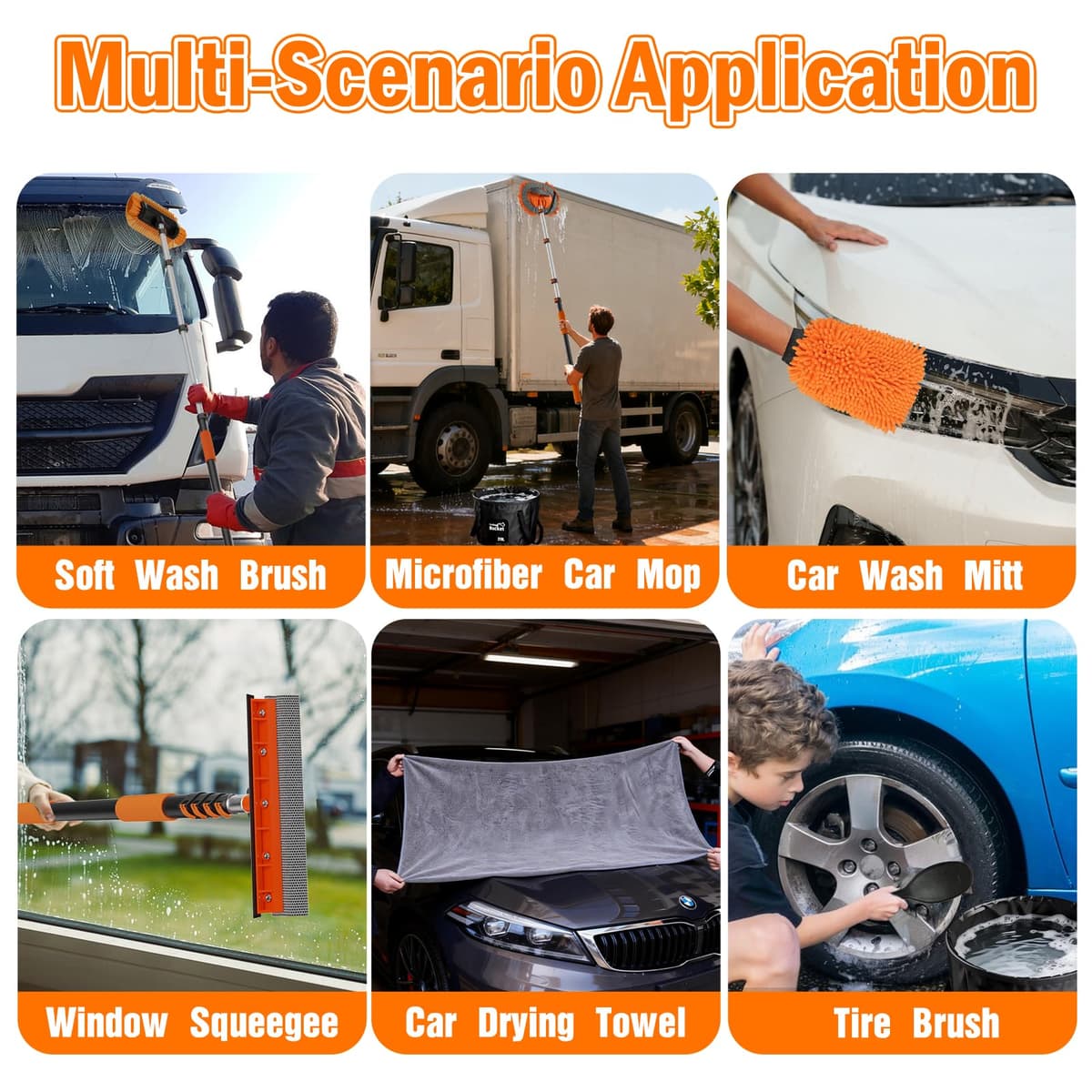 3.6m Car Wash Brush Long Handle, Car Cleaning Brush Kit with Soft Bristle Brush, Microfiber Cleaning Mop, Telescopic Window Cleaner, Mitt, Wheel Brush, Bucket for Caravan, Solar Panel, Boat — view 4