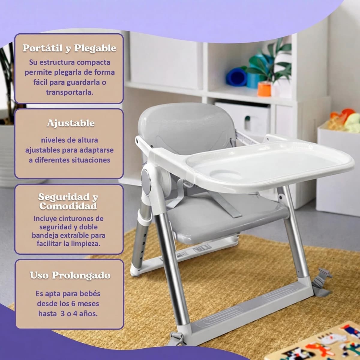 Trona Portátil Plegable Premium para Bebé 2 en 1, Elevador de Silla con Correas de Fijación, 4 Alturas, Bandeja Extraíble, Bolsa de Transporte, 6-36 Meses, hasta 15 kg (GRIS + PLATA) — view 2