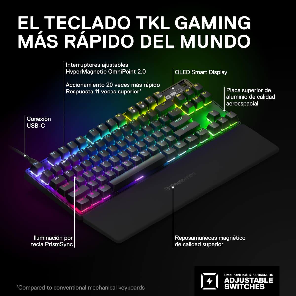 SteelSeries Apex Pro TKL (2023) - Teclado gaming HyperMagnetic – El más rápido del mundo - Accionamiento ajustable - Esports TKL - RGB - Teclas PBT - USB-C - Teclado inglesa (QWERTY) — view 3