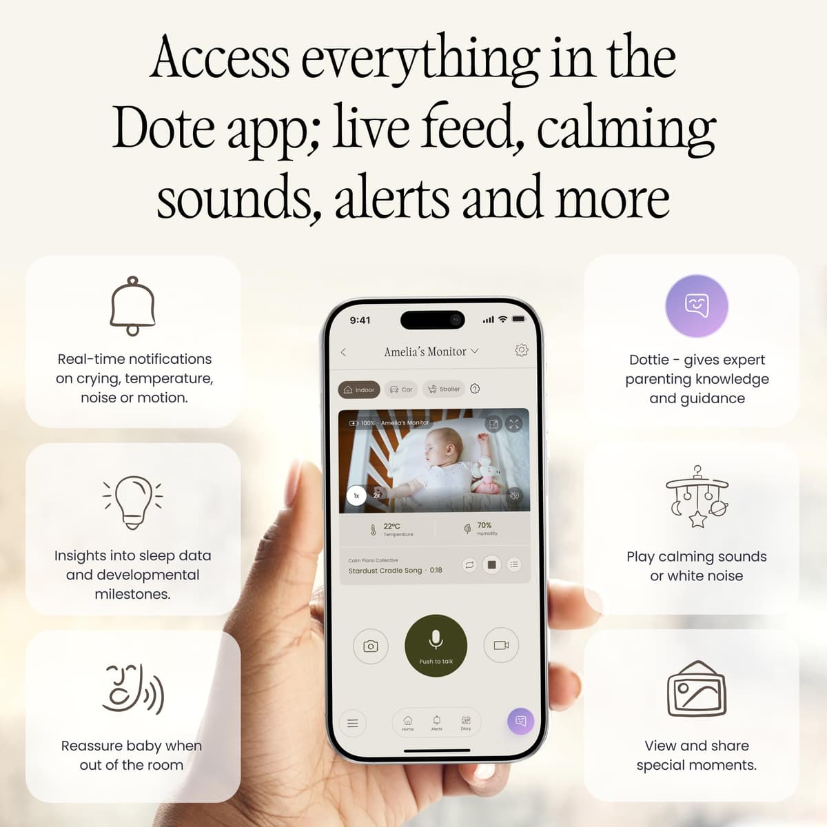 dote Buddy Portable Baby Monitor for Home, Car & Stroller. Built-in AI-Powered Parenting Assistant. 2.5k QHD WiFi Camera, Night-Vision, Smart Cry Detection, Virtual Boundaries — view 5