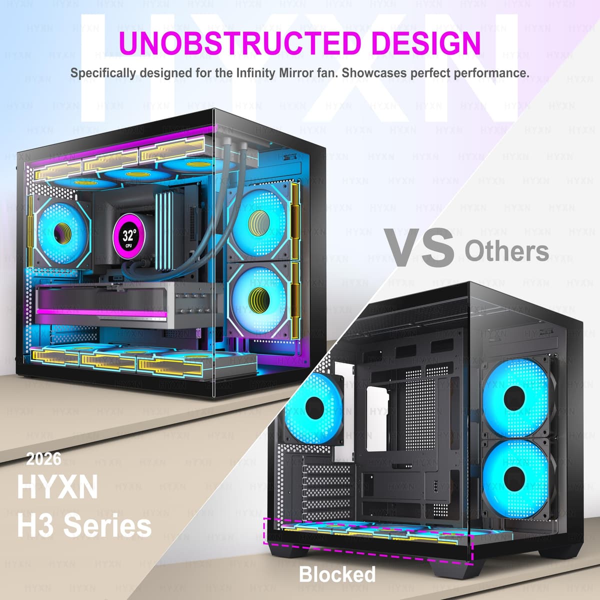 H3 ATX PC Case - Pre-Installed with 6 Infinity Mirror PWM ARGB Fans - Compact Dual Cavity Mid-Tower Gaming PC Case,360mm Radiator Support - with Type-C 3.2 (Black) — view 4
