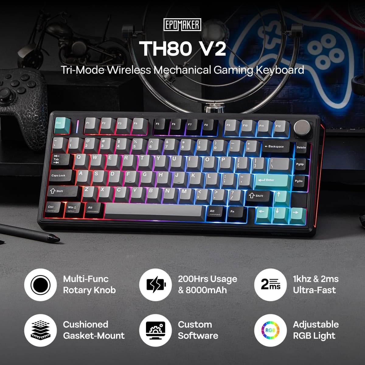 EPOMAKER TH80 V2 75% Kabellose Mechanische Gaming-Tastatur, 8000mAh&2,4G/BT, Hot-Swap, Mac Modifier, RGB, Programmierbare Tasten & Knopf, Creamy Tastatur für Mac/PC (Schwarz, Creamy Jade) — view 2