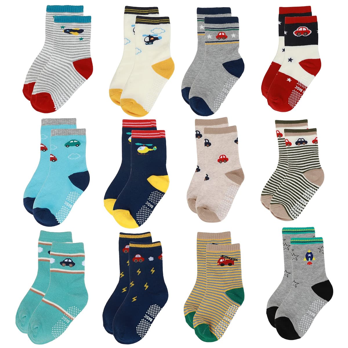 Yafane 12 Pares de Calcetines Antideslizantes para Niños Niñas Recien Nacido Unisex Pequeños Algodón Lindo con Puños Calcetines Antideslizantes para Bebés