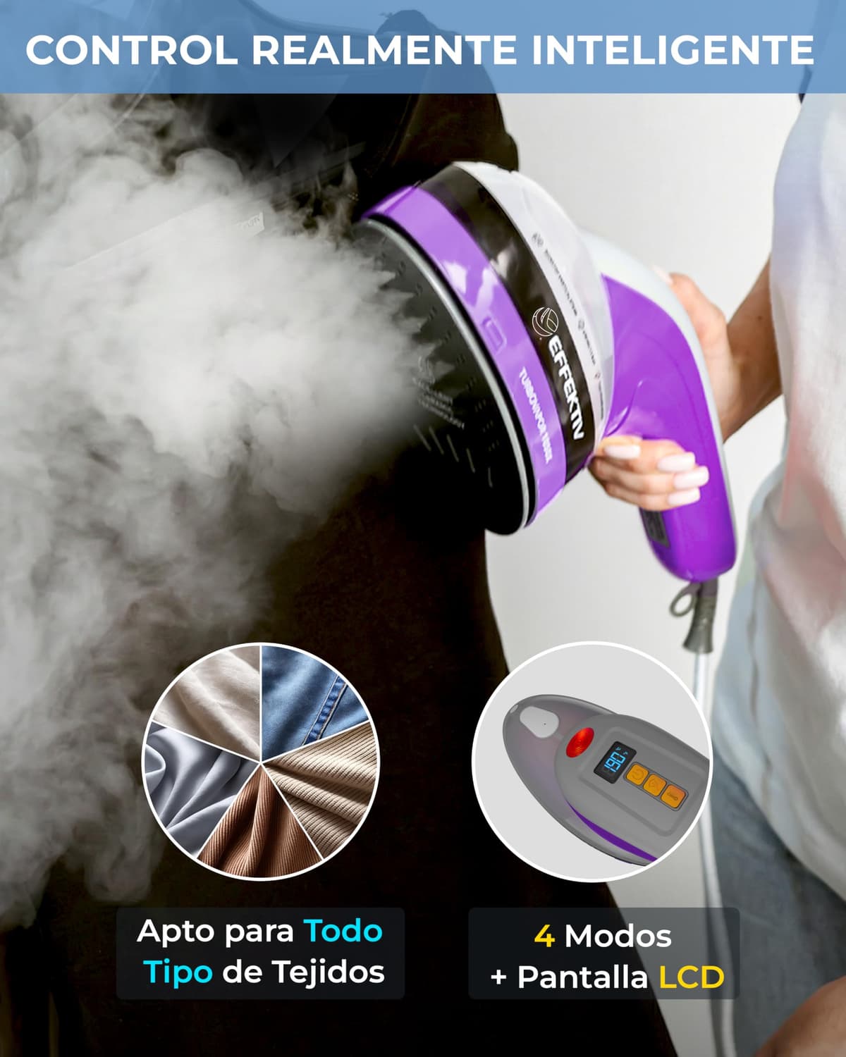 Plancha Vertical Vapor EFFEKTIV, 1800W, 3 en 1 Vapor Vertical Premium, Plancha Ropa con Suela Cerámica, Cepillo de Vapor, Depósito 250ml, Vapor Continuo 750mg/sec, Pantalla led, Autoapagado, Cable 3m — view 6