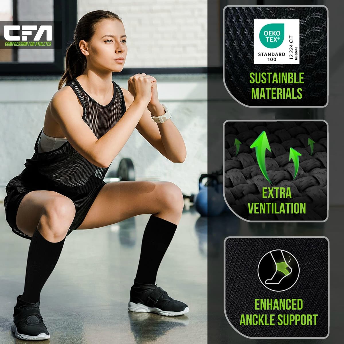 CFA V1 Calcetines Compresion Mujer y Hombre Graduada Antiampollas, Ideales Para El Deporte | Modelo Hasta La Rodilla | Soporte De Tobillo Y Arco | Diseño Danés | Fabricado En Portugal — view 4