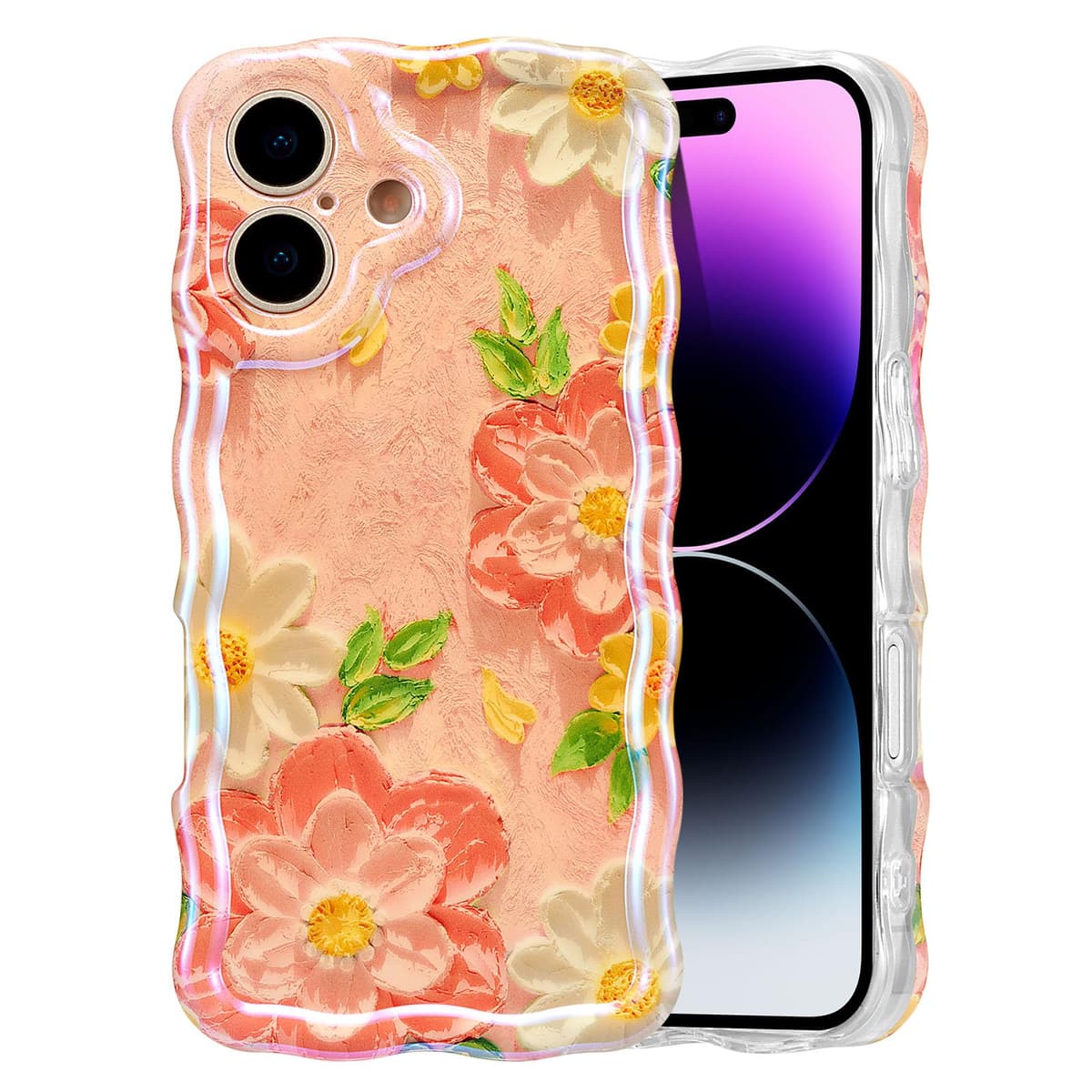 EYZUTAK Case for iPhone 16, Colorful Retro Oil Painting Printed Flower Laser Glossy Pattern Cute Curly Wave Edge Exquisite Phone Cover Stylish Durable TPU Protective Case for Girl Women-Green — view 91